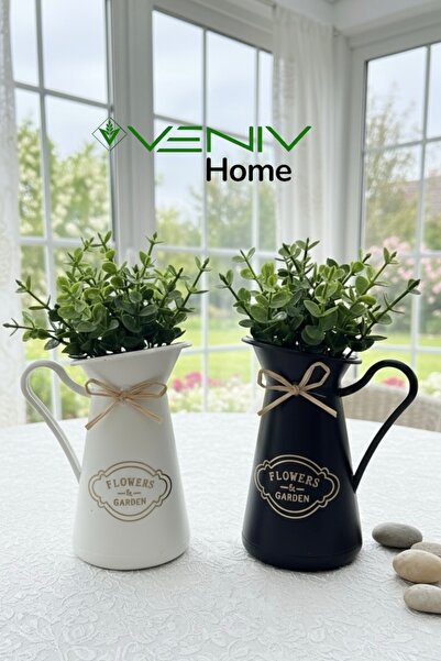 Genel Markalar 2 Adet İtalyan Dekoratif Beyaz & Siyah Bitkili Saksı Set- Yapa...