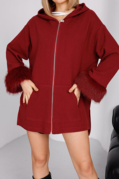 EsSo butik Hooded Sleeve Wrists Fur Detailed Zippered Kangaroo Pocket Thessaloniki Fabric Knitwear Cardigan