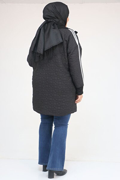 Eslina 53060 Plus Size Shoulder Stripe Quilted Zipper Jacket - Black-White