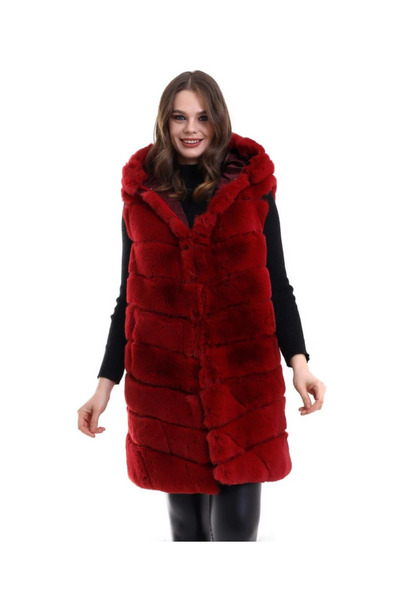 civetta Hooded Plush Fur Vest Premium Quality, Fully Lined, Long Model - Red