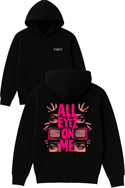 VSRN Hanorac negru supradimensionat cu glugă și imprimeu design All eyez on