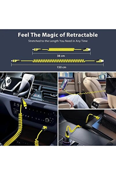 Stone 4-in-1 USB-C 65W Car Cable, Lightning/USB-C/USB-A, 1.5m, Yellow