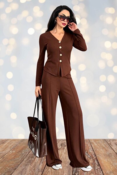 Moda Amore Women's Corded Fabric Fabric Relaxed Fit Two Piece Set – Button up Blouse & Wide Leg Pants 10145