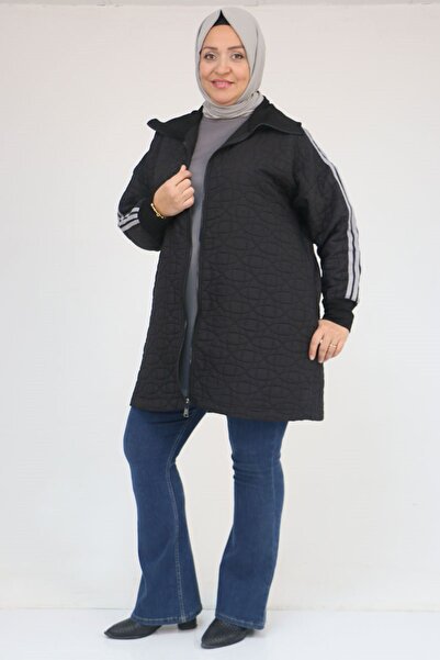 Eslina 53060 Plus Size Shoulder Stripe Quilted Zipper Jacket - Black-Grey