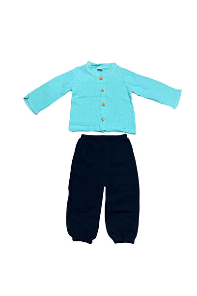 OEM Διπλό παιδικό σετ από βαμβάκι - τυρκουάζ πουκάμισο με μαύρο παντελόνι