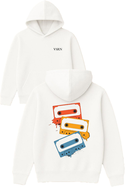 VSRN تصميم الكاسيت مطبوع قصة فضفاضة سويت شيرت أبيض بغطاء رأس