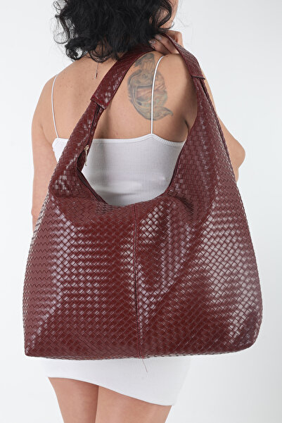By EDUU Byeduu Burgundy Knitted Leather Basket Weave Style Large Shoulder Bag