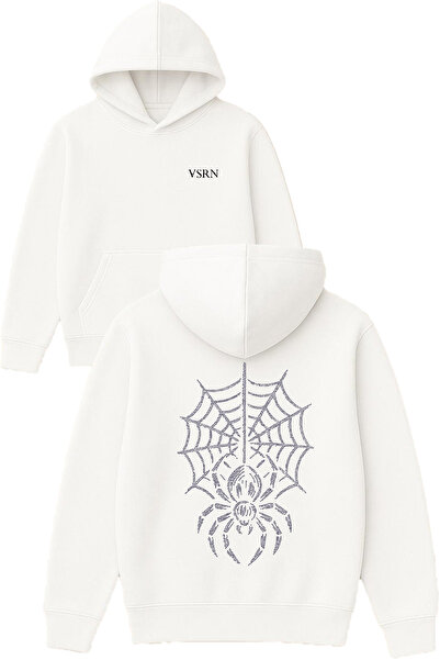 VSRN تصميم العنكبوت المتدلي من الشبكة مطبوع قصة فضفاضة سويت شيرت أبيض بغطاء رأس