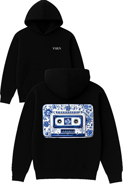 VSRN تصميم كاسيت روزي مطبوع قصة فضفاضة سويت شيرت أسود بغطاء رأس