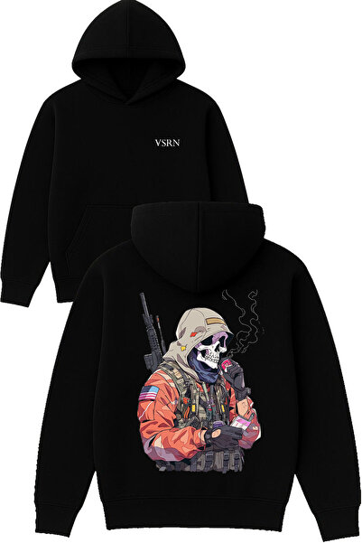 VSRN سويت شيرت بتصميم الجندي الهيكل العظمي B مطبوع O قصة فضفاضة أسود K بغطاء رأس