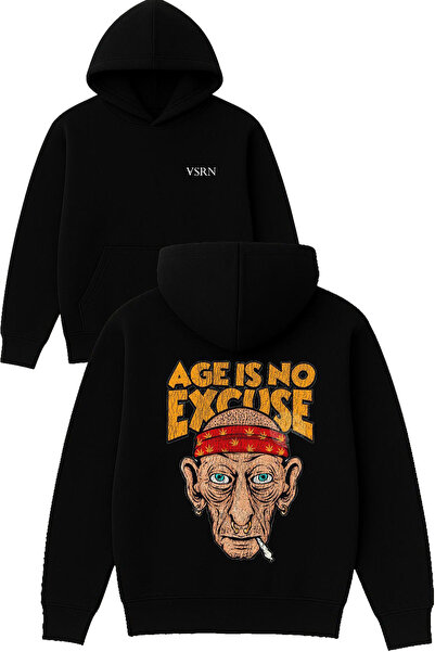VSRN Hanorac negru supradimensionat cu glugă, cu imprimeu „Age is no Design”.