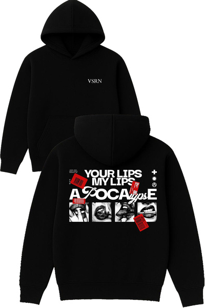 VSRN تصميم شفتيك مطبوع قصة فضفاضة سويت شيرت أسود بغطاء رأس