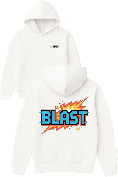 VSRN Hanorac alb supradimensionat cu glugă, imprimat cu design Blast