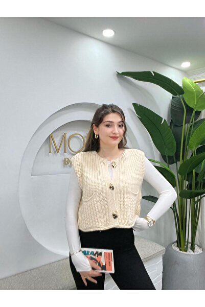 MODA BORSASI Дамски плетен кардиган със златни копчета и двойни джобове