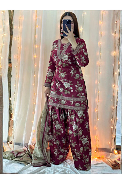 MYSMAR Maroon Shamoze Silk Top Bottom Dupatta - BPK1019 | Maroon