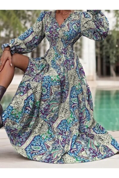 Bijuterria Women's Long Sleeve Double-Breasted Collar Patterned Single Jersey Maxi Dress