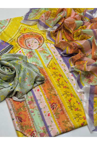 MYSMAR Yellow Satin Silk Top Bottom Dupatta - BPK1017 | Yellow