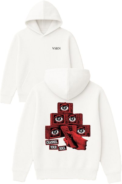 VSRN Channel Your Soul Design Printed Oversized White Hooded Sweatshirt