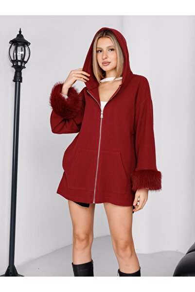 EsSo butik Hooded Sleeve Wrists Fur Detailed Zippered Kangaroo Pocket Thessaloniki Fabric Knitwear Cardigan