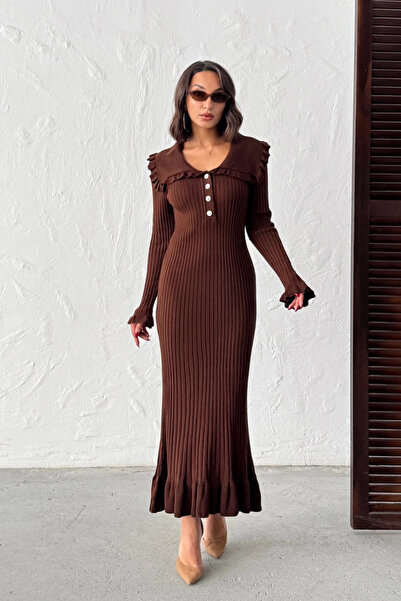 Lusin Women's Brown Stylish Long Knit Dress with Cuff Detail and Ruffle Detail (New Color)