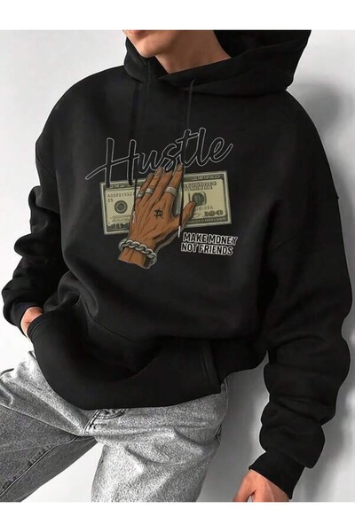 LAVİTTA Hustle Make Money Not Friends Printed Hooded Sweatshirt