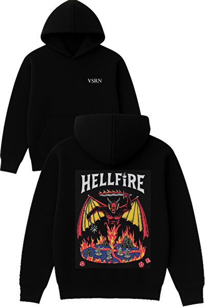 VSRN هيلفاير ديزاين مطبوع قصة فضفاضة سويت شيرت أسود بغطاء رأس