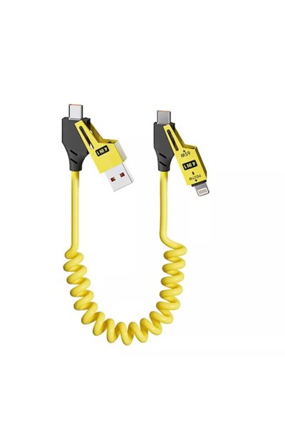 Stone 4-in-1 USB-C 65W Car Cable, Lightning/USB-C/USB-A, 1.5m, Yellow