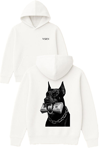 VSRN تصميم دوبيرمان ذو النقود في فمته مطبوع قصة فضفاضة سويت شيرت أبيض بغطاء رأس