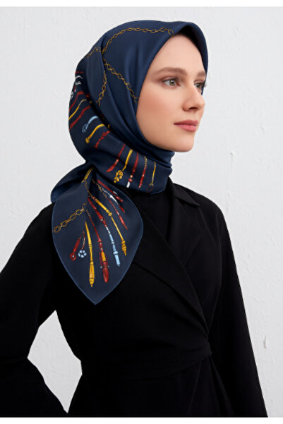 Vissona Tivil İpek Eşarp 61009 - 12 - 0033 Lacivert Zincir Desen