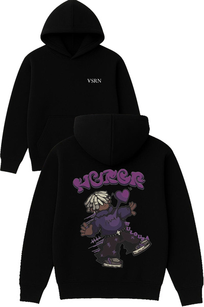 VSRN Hanorac negru supradimensionat cu glugă, imprimat cu design Never 1