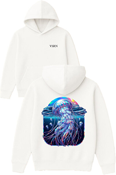 VSRN تصميم قنديل البحر مطبوع قصة فضفاضة سويت شيرت أبيض بغطاء رأس