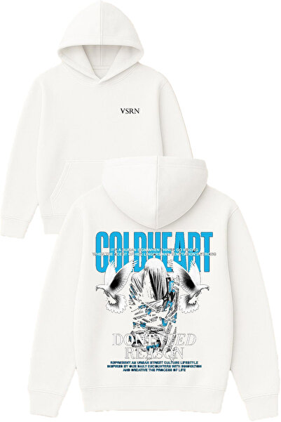 VSRN Hanorac alb supradimensionat cu glugă, imprimat cu design Coldheart