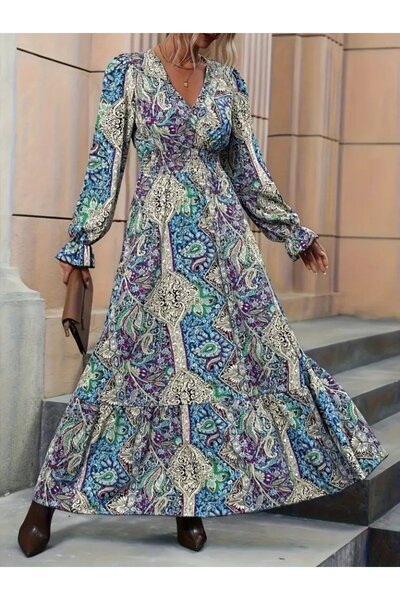 Bijuterria Women's Long Sleeve Double-Breasted Collar Patterned Single Jersey Maxi Dress