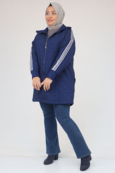 Eslina 53060 Plus Size Shoulder Stripe Quilted Zipper Jacket - Indigo-Grey