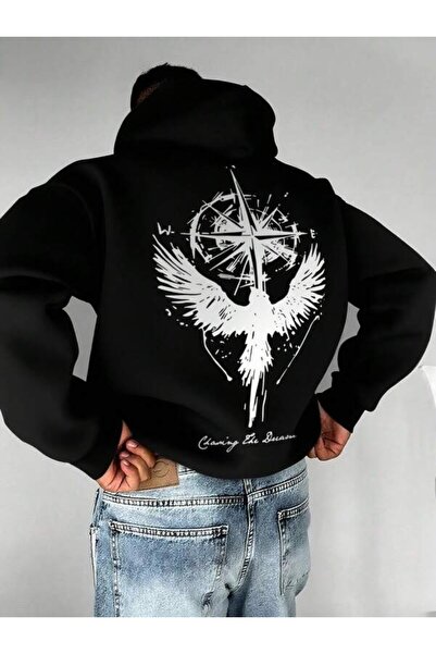 LAVİTTA هوديي كومباس وينجز مطبوع للجنسين قصة فضفاضة بغطاء رأس