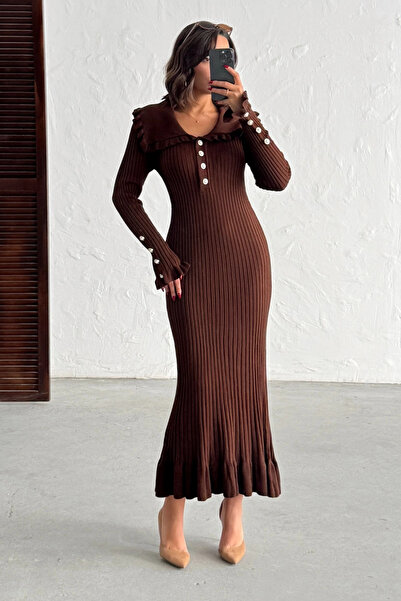 Lusin Women's Brown Stylish Long Knit Dress with Cuff Detail and Ruffle Detail (New Color)