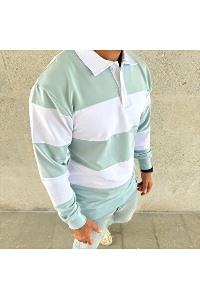 Genel satış Men's Polo Neck Long Sleeve Striped Sweatshirt Trend Rugby Style - Green