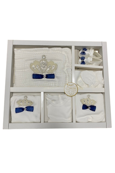 OEM Elegant newborn baptism set with shiny crowns and navy blue bows – 10 pieces