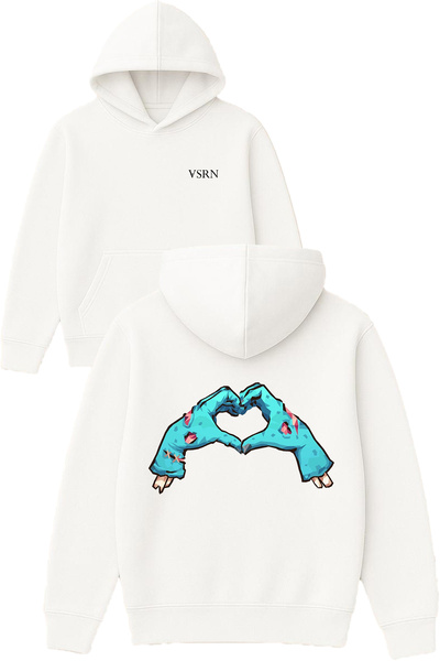 VSRN Hanorac alb supradimensionat cu glugă, cu imprimeu cu design Zombie Heart