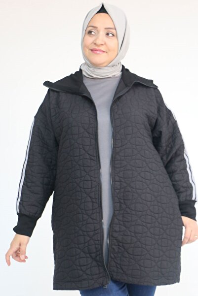 Eslina 53060 Plus Size Shoulder Stripe Quilted Zipper Jacket - Black-Grey