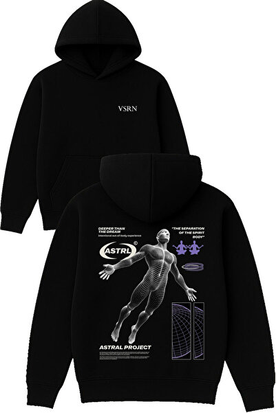 VSRN تصميم أستريل مطبوع قصة فضفاضة سويت شيرت أسود بغطاء رأس