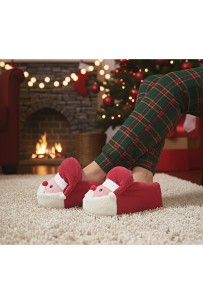 EstLee Sevimli Noel Baba Figürlü Peluş Panduf Yumuşak Sessiz Taban & Yılbaşı Hediyelik Ev Ayakkabısı