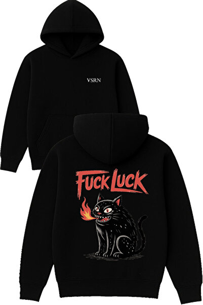 VSRN Суичър с качулка Fck luck Design, с принт, овърсайз, черен