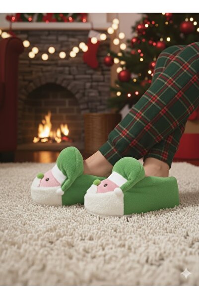 EstLee Sevimli Noel Baba Figürlü Peluş Panduf Yumuşak Sessiz Taban & Yılbaşı Hediyelik Ev Ayakkabısı