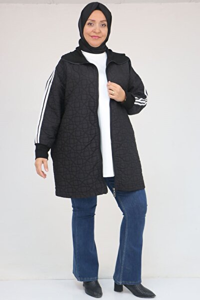 Eslina 53060 Plus Size Shoulder Stripe Quilted Zipper Jacket - Black-White