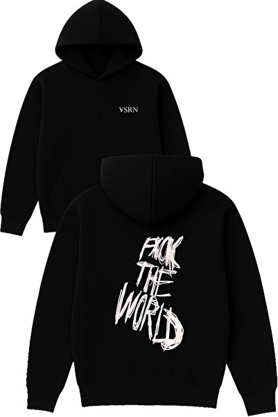 VSRN Hanorac negru supradimensionat cu glugă, cu imprimeu design „Fck the world”
