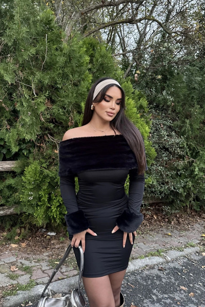 MOZENA Suni Kürk Detaylı Madonna Yaka Mini Büzgülü Elbise