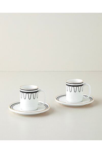 English Home Glowy White Bone Porcelain 4 Piece Coffee Cup Set for 2 People 90 ml Black-White-Gold