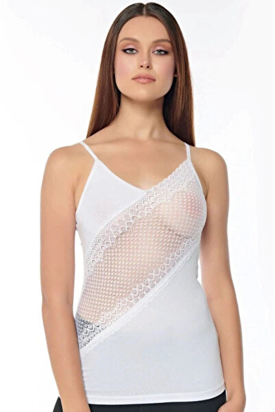 BYEN GİYİM Dantel İşlemeli Askılı Beyaz Kadın Atlet KB2560