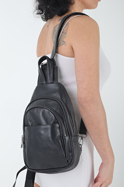 PİRİNÇ BEBE Pirinçbebe Women's Small Backpack Model Black Genuine Leather Crossbody and Backpack